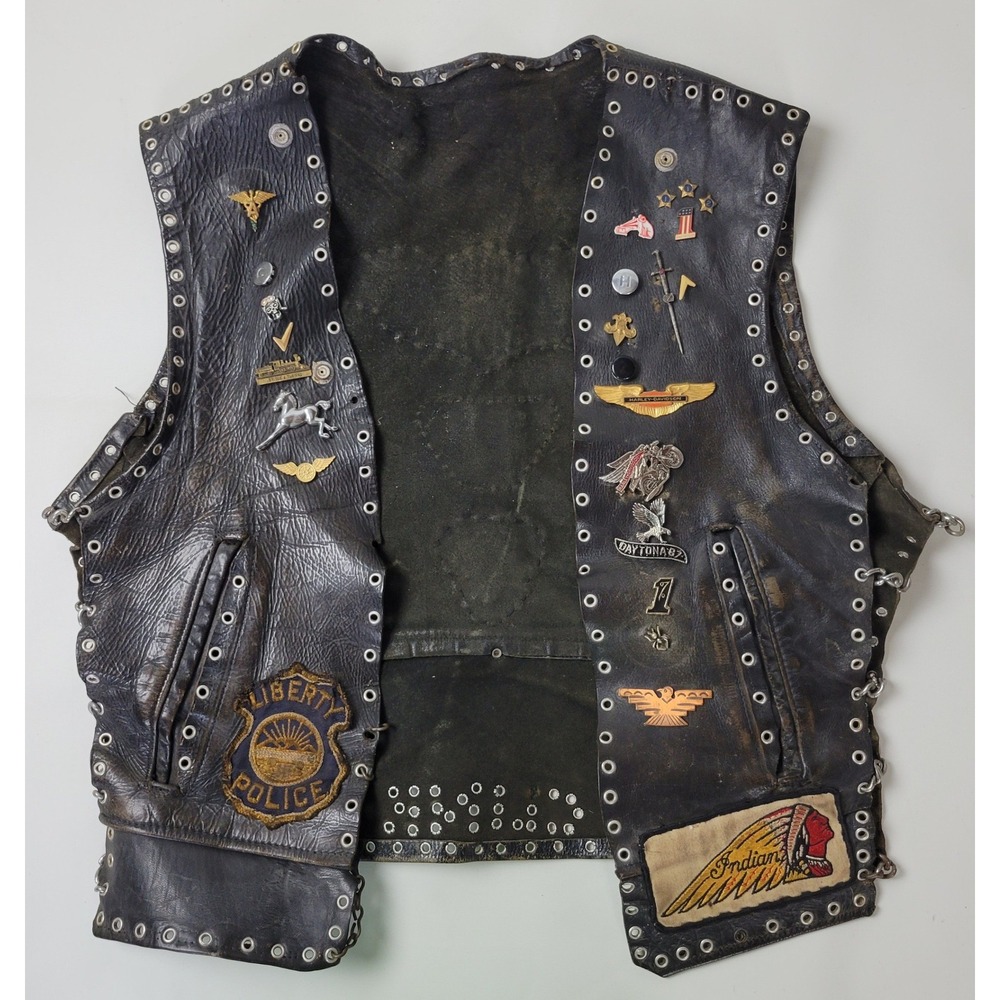 Vintage Leather Biker Vest Harley Davidson Indian Motorcycle Pins Patches Black